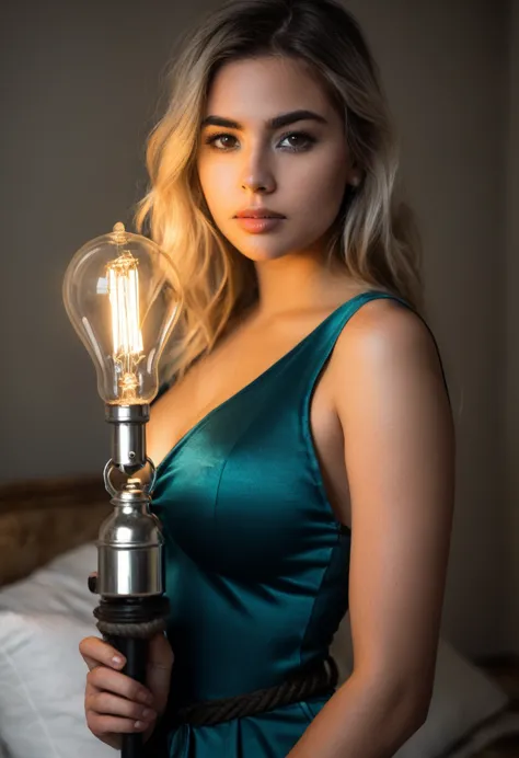20 year old woman holding a light bulb with a rope tied to it., con poderes magicos, Buena foto iluminada, linda jovencita, herm...