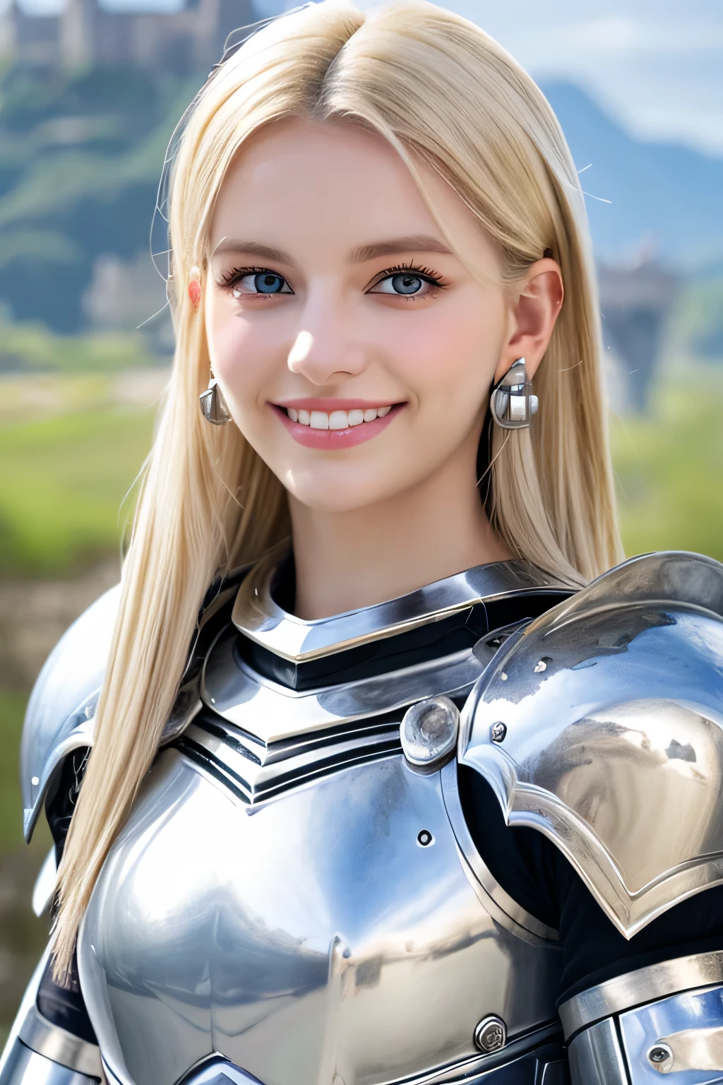 ８Ｋ、highest quality、female knight、The background is a castle、Luxurious Silver Armor、、hairstyle short cut、smile、beautiful teeth、full body photo、ear piercing、blonde、white woman、blue eyes、heavy makeup、The background is a cloudy sky

