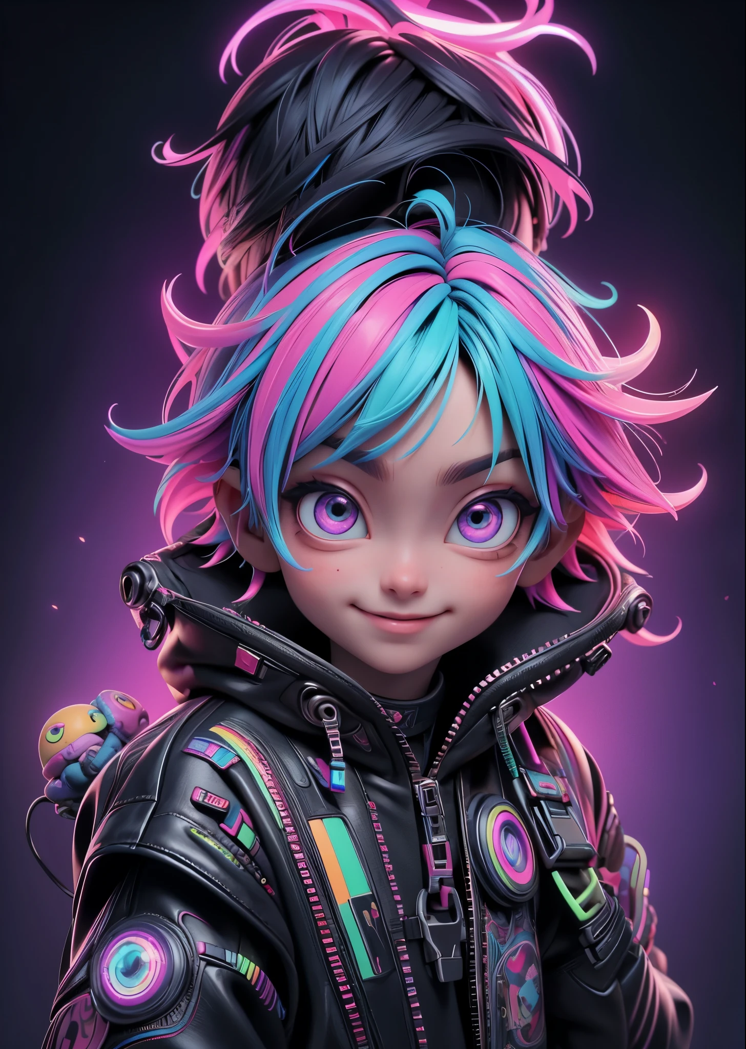 Psychedelic world、cyberpunk fashion、1 cute boy、smiling boy、Big eyes、Hold lightning from your hand、amber hair、colorful gel background、Fractal background、perfect lighting、sharp focus、High resolution、High resolution、High color rendering、High resolution、Super realistic、realistic 