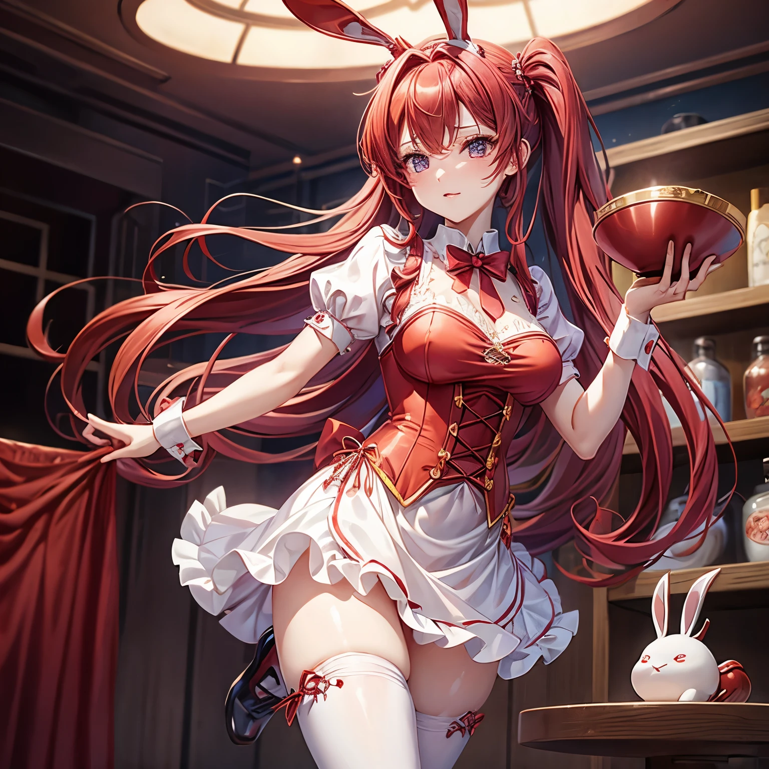 outrageous, best quality, 1 girl, alone, Red hair, purple eyes, long hair, big deal, Usagi, bunny ears, red corset, Xuelan, apron, red tie, Red dress, hairpin, short sleeves, wrist cuffs, white thighs, Jingle Bells