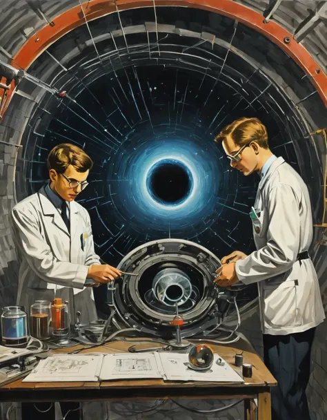 Two scientists, final year students of the Faculty of Physics and Mathematics, in an alternative USSR, A drawing of a black hole...