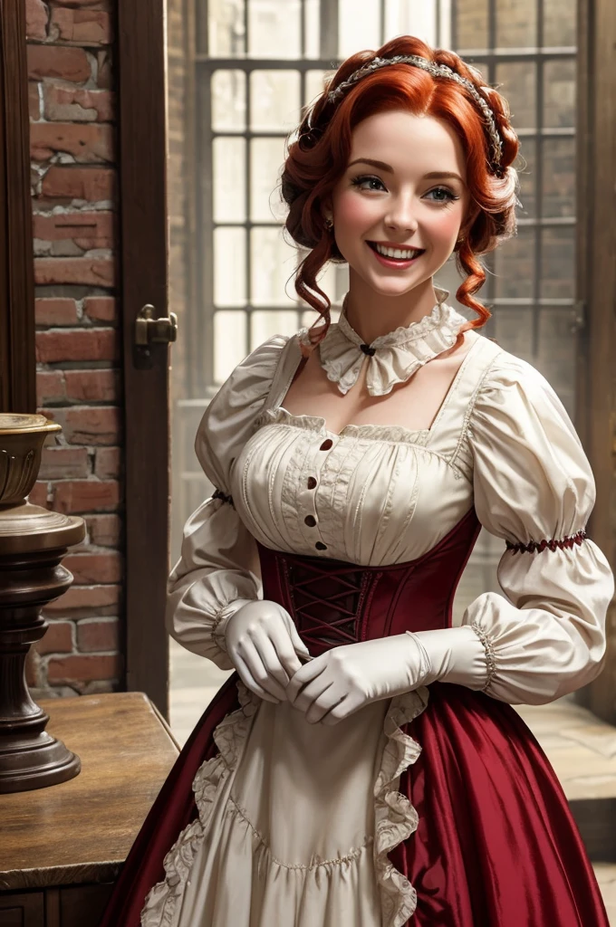 A sexy/cute, historicially acurate dickensian lady sweet/wholesome skinney , Traditional/conservative dress. Exudes love, conservative values. Thick Red hair. elegant dickensian dress. , fair-skinned woman, view viewer, Face Madura, Delicate gloves,, attractive look, impressive woman, romantic mood. Excited, happy, smileing, laughing.. Prudishly dressed. Jumping up and down. Nina Debrov
