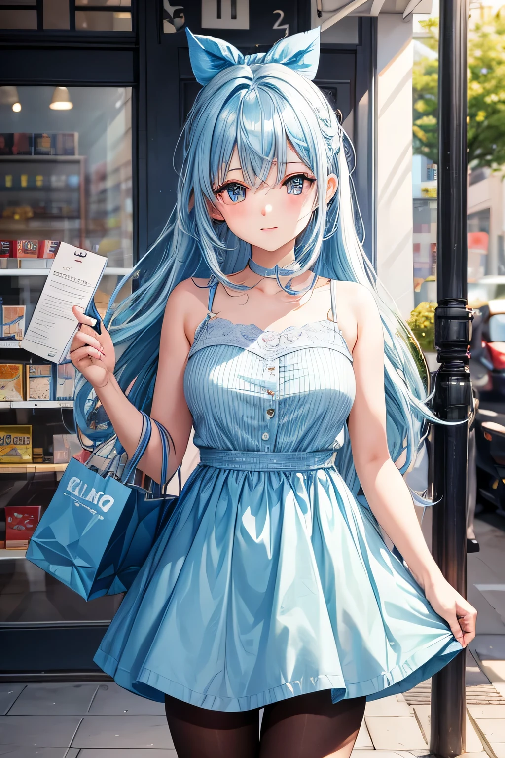 1girl, bluenette hair, light blue hair, next door girl, shopping 