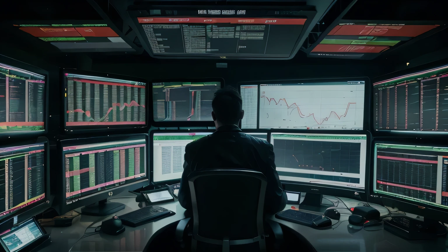 Arafed view of a man sitting at a desk in front of multiple monitors 