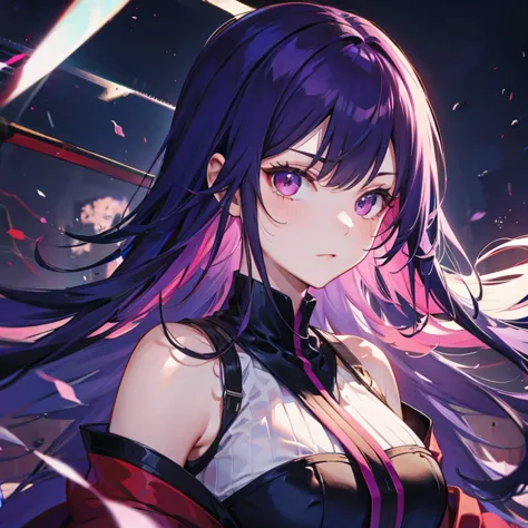 purple hair,red eyes,long hair,beautiful girl,swordsman