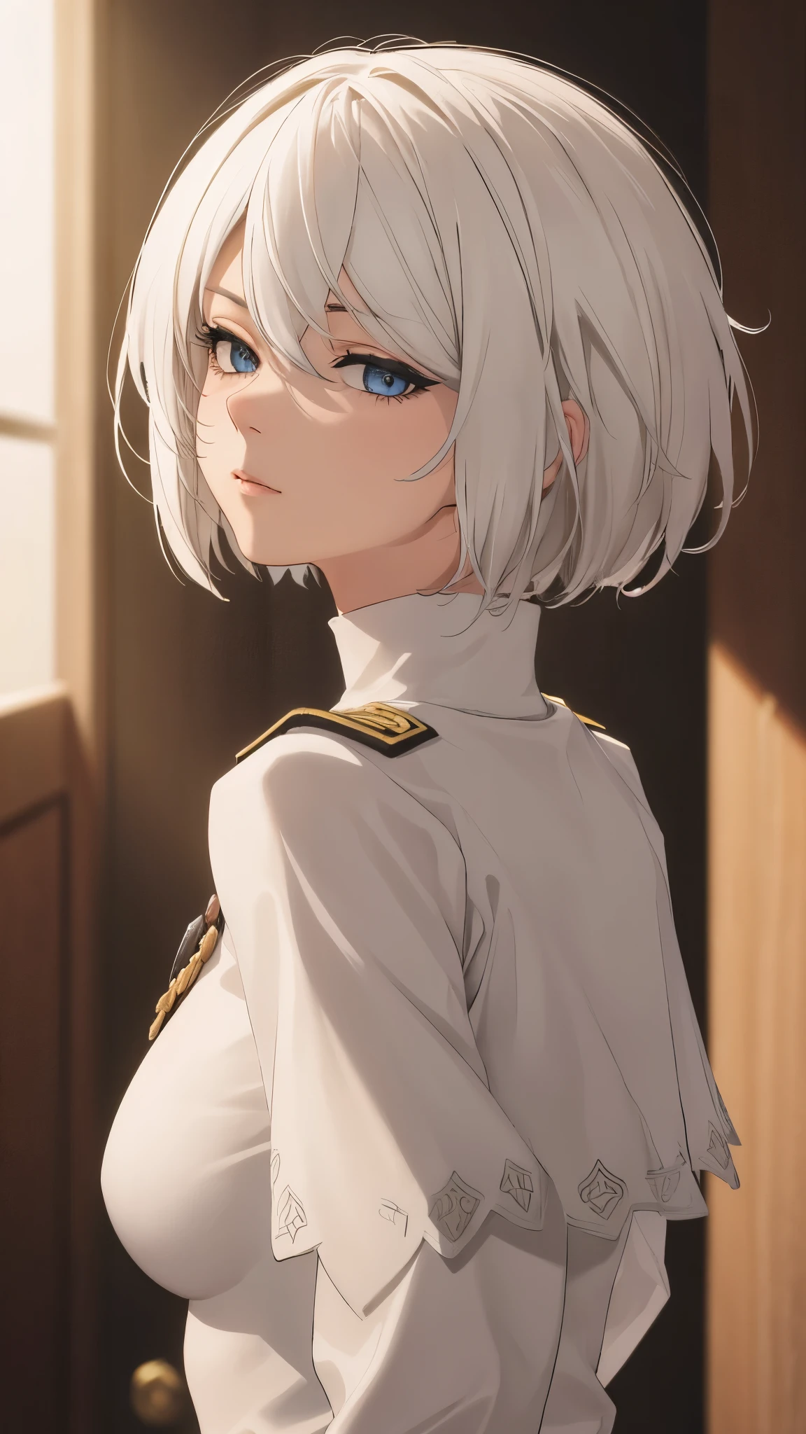 extremely detailed CG unity 8k wallpaper), (masterpiece), (best quality), (ultra-detailed), (best illustration), (best shadow), (absurdres) ,(detailed eyes), 2b, 1girl, short hair, white hair, solo, Intimidating women, admiral uniform, night, hero pose, white clothes, General Uniform, Military Uniform, Sunlight, exposed to sunlight,commander, fighting pose, wearing cape, looking_at_viewer