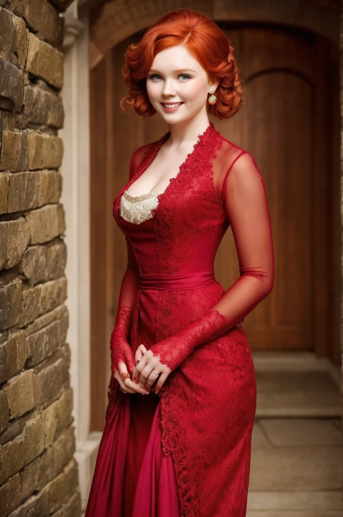 A sexy/cute, historicially acurate dickensian lady sweet/wholesome skinney , Traditional/conservative dress. Exudes love, conservative values. Thick Red hair. elegant dickensian dress. , fair-skinned woman, view viewer, Face Madura, Delicate gloves,, attractive look, impressive woman, romantic mood. Excited, happy, smileing, laughing.. Prudishly dressed. Jumping up and down. Molly Quinn.
