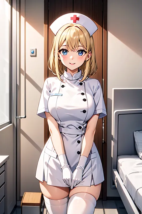 1woman, solo, nurse, white nurse cap, white nurse uniform, ((white legwear, zettai ryouiki)), white gloves, blonde hair, blue ey...