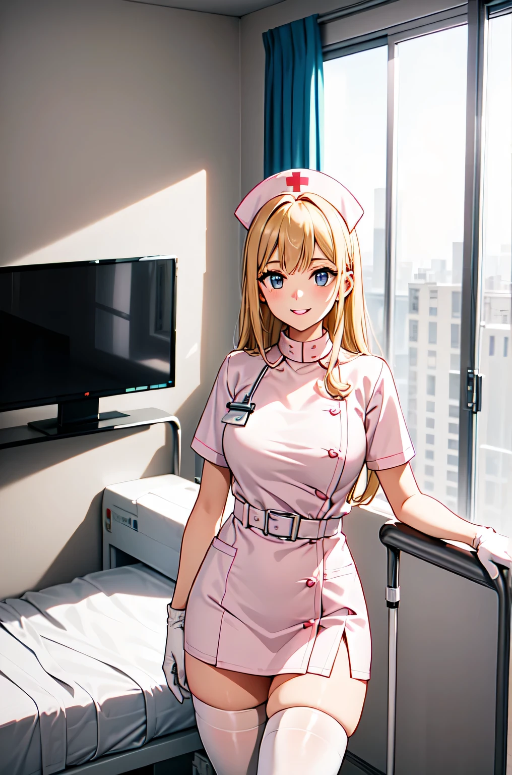 1woman, solo, nurse, white nurse cap, white nurse uniform, ((white legwear, zettai ryouiki)), white gloves, blonde hair, blue eyes, pink lips, smile, standing, ((hospital room)), sharp outline, short sleeves, mature female, 35 years old, best quality, masterpiece