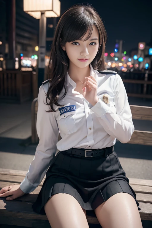 無辜的20歲女孩、((日本警察, 性感警察制服, 裙子, 可愛又優雅, 戲劇性的姿勢)),微笑,夜晚的城市背景,捷径、原始照片, (8K、最好的品質、傑作:1.2)、(錯綜複雜的細節:1.4)、(照片真實感:1.4)、辛烷渲染、超詳細的複雜 3D 渲染, 工作室的光線柔和, 邊緣光, 生動的細節, 超細節, 逼真的皮膚紋理, 表面細節, 每個細節都美麗的眼睛, 高度詳細的 CG Unity 16k 壁紙, 補償, (詳細背景:1.2), 有光澤的皮膚, 全身,放下你的手、張開雙腿，讓我看看你的內褲,坐在長凳上