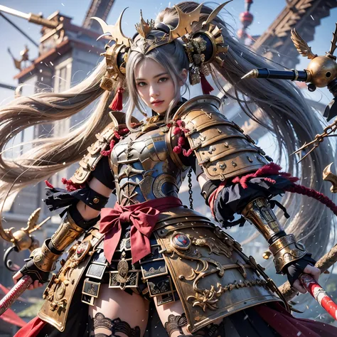 (best quality,highres,masterpiece:1.2),mechanical,hydraulic cylinders,samurai armor,Japanese sword,beautiful girl,twin tails,silver hair,realistic,photorealistic:1.37,photo shoot,ultra-detailed,hyper-realistic textures,full body,battlefield