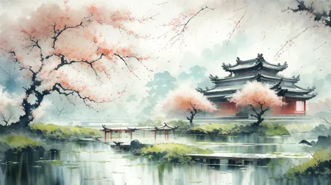 ancient style illustration chinese watercolor landscape painting watercolor river peach blossom spring chinese landscape bare tr...