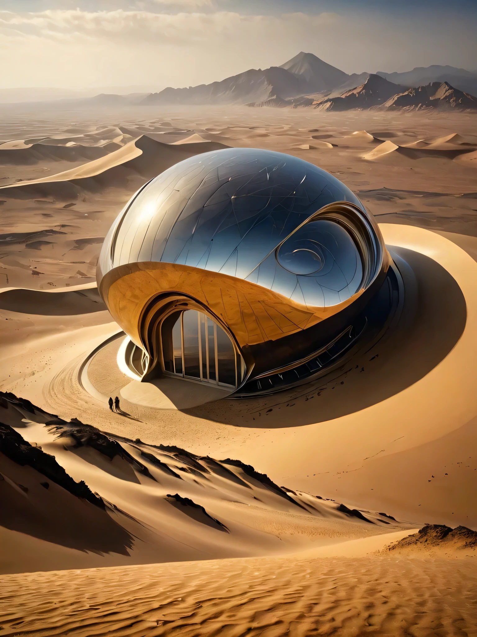 meilleure qualité, chef-d&#39;œuvre, Ultra haute résolution, (réaliste:1.4), photo originale,dune，scène de film de science-fiction，Architecture dans le désert、Intégration en montagne