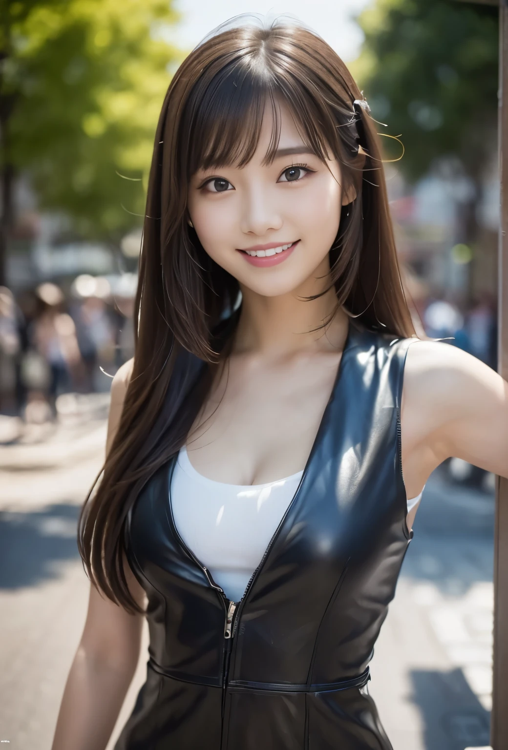 (((circuit:1.3, outdoor,Photographed from the front))), ((long hair:1.3,leather,japanese woman,Smile,cute)), (clean, natural makeup), (highest quality, masterpiece:1.3, 超High resolution), (Super detailed, caustics), (realistic:1.4, RAW shooting), very detailed, High resolution, 16K resolution