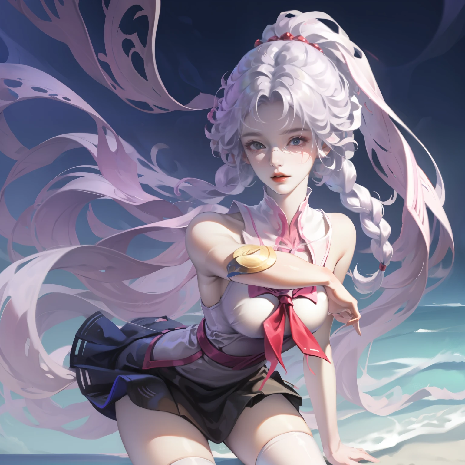 Anime girl with white hair and pink dress on the beach - SeaArt AI