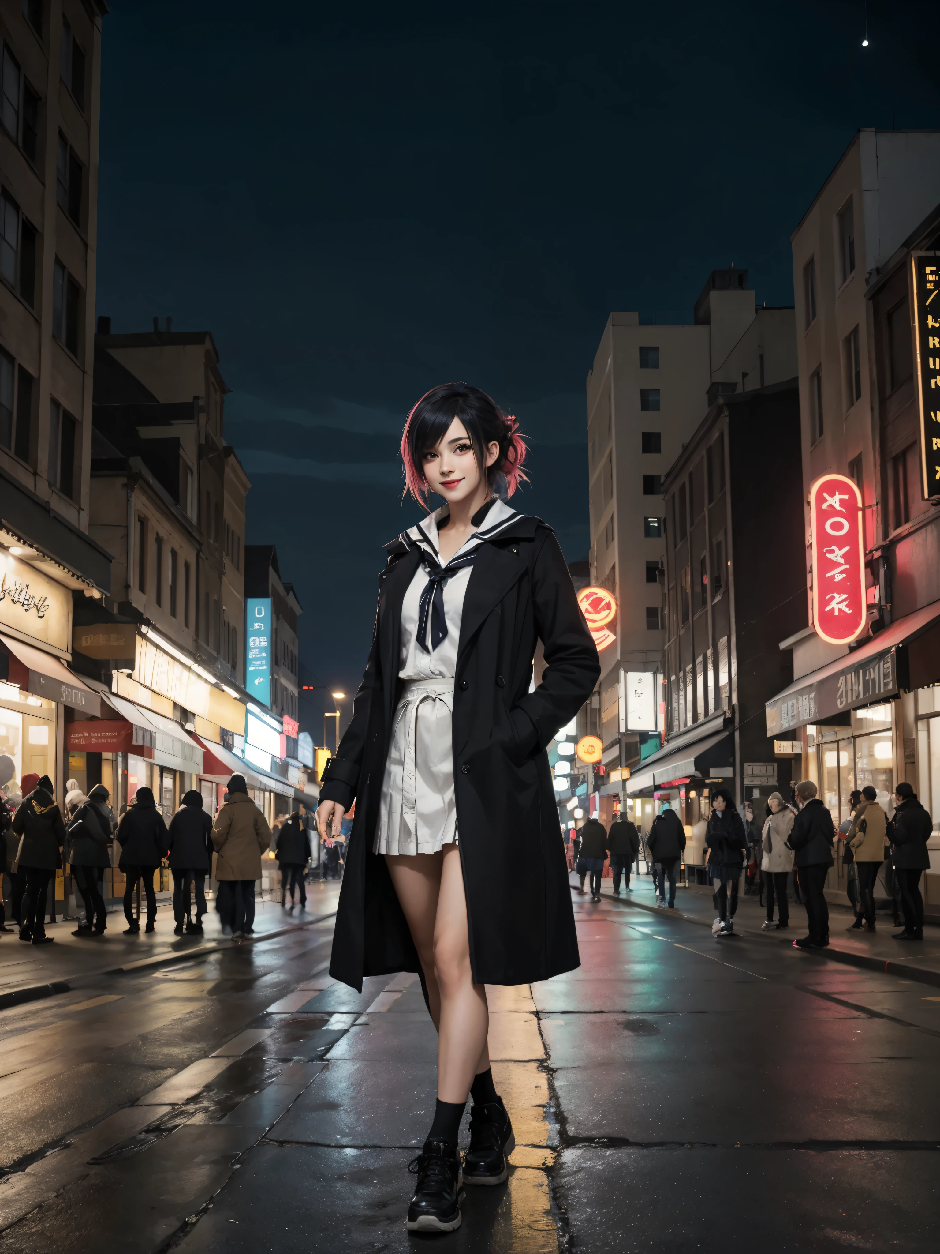 a girl walking in the street amidst illuminated city light, BREAK, 1girl, walking pose, long coat, updo hair, city lights, cars, blurry background, (realistic:1.3), high quality, 8k, masterpiece, neon colored inner hair, black hair, smile, summer sailor uniform, stand on embarkment, detailed face, 