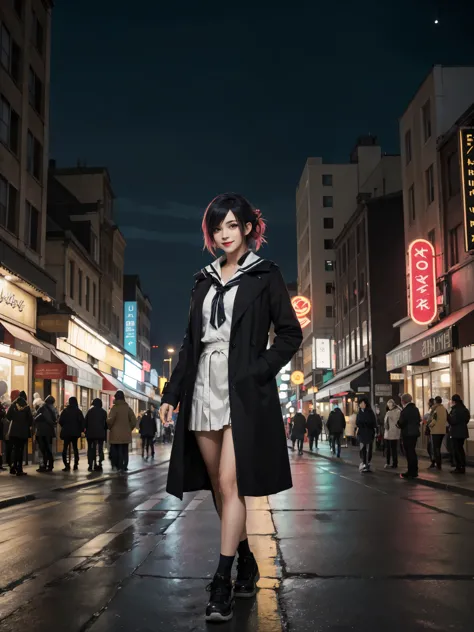 a girl walking in the street amidst illuminated city light, break, 1girl, walking pose, long coat, updo hair, city lights, cars,...