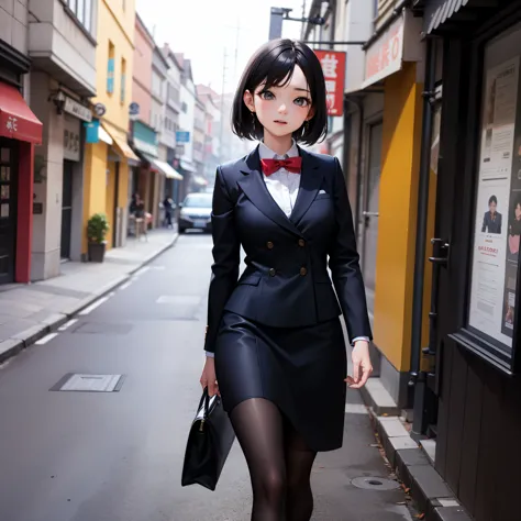 Asian woman in skirt and stockings walking on the street，traje intrigante，traje muy sexy，en una calle de la ciudad，preciosa mode...