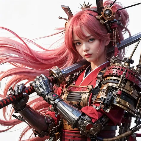 (best quality,highres,masterpiece:1.2),mechanical,hydraulic cylinders,samurai armor,Japanese sword,beautiful girl,twin tails,sil...