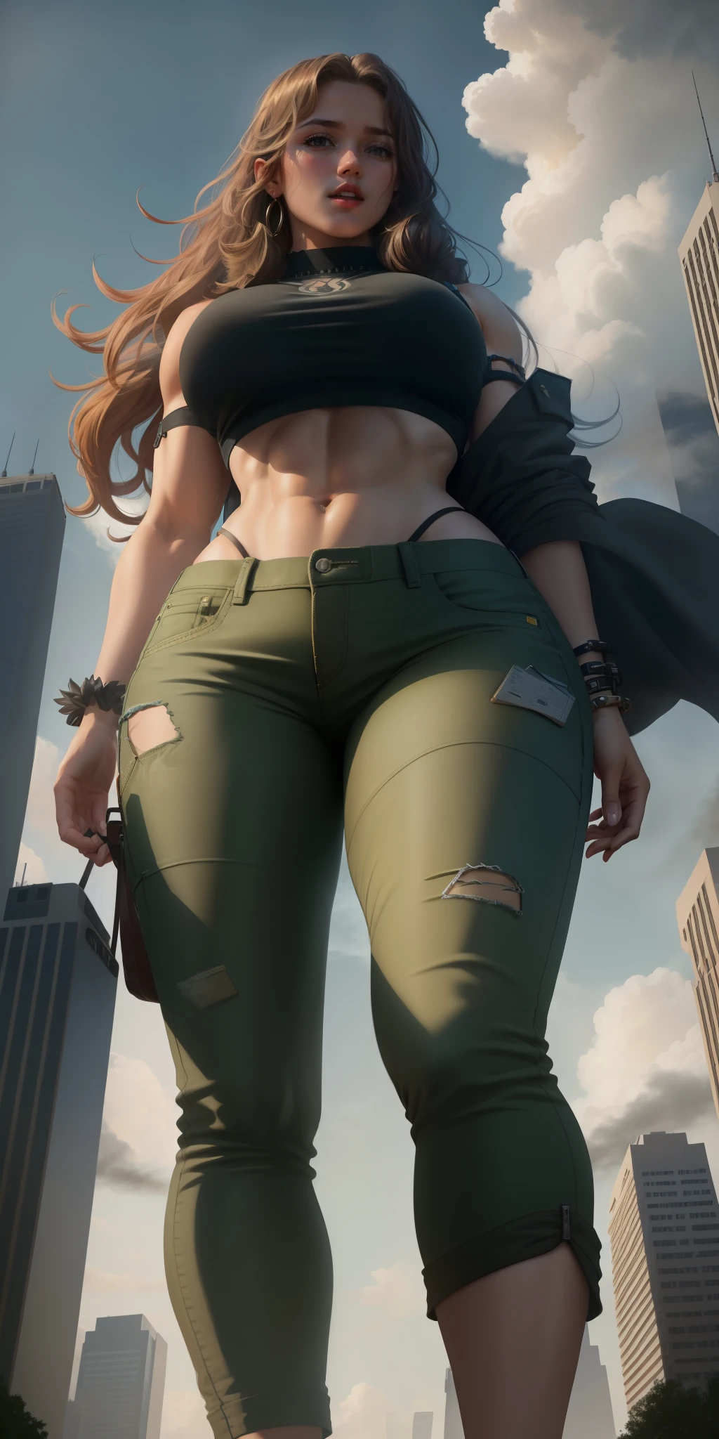 "A towering Giantess in a cool and laid-back hippie style is rocking a crop top and baggy pants. Her toned and athletic build hints at her massive strength. She seems to be casually strolling through the bustling cityscape of GTS City, as towering buildings loom overhead. Smoke and clouds roil around her, adding to the sense of epic scale and drama. The lighting is dark, gloomy, and realistic, creating a tense and ominous atmosphere. The perspective is from below, emphasizing the sheer majesty and power of the Giantess."