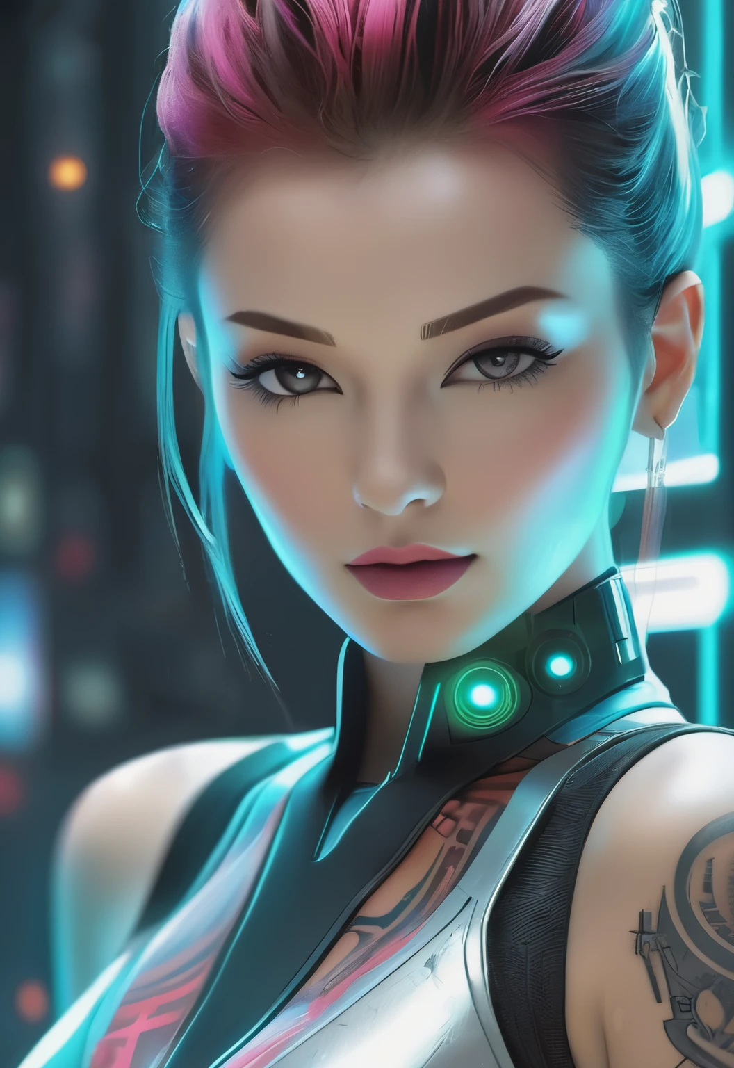 This is a description of futuristic technology, cyberpunk backgrounds and various elements related to facial features, color spray paint, tattoos, beauty and robots. The description mentions high-definition facial features, compact faces, deep scenes, color spray paint, beautiful faces, white eyes, deep perspective, male and female characters, and sophisticated faces. In addition, the elements of the dark background are emphasized.