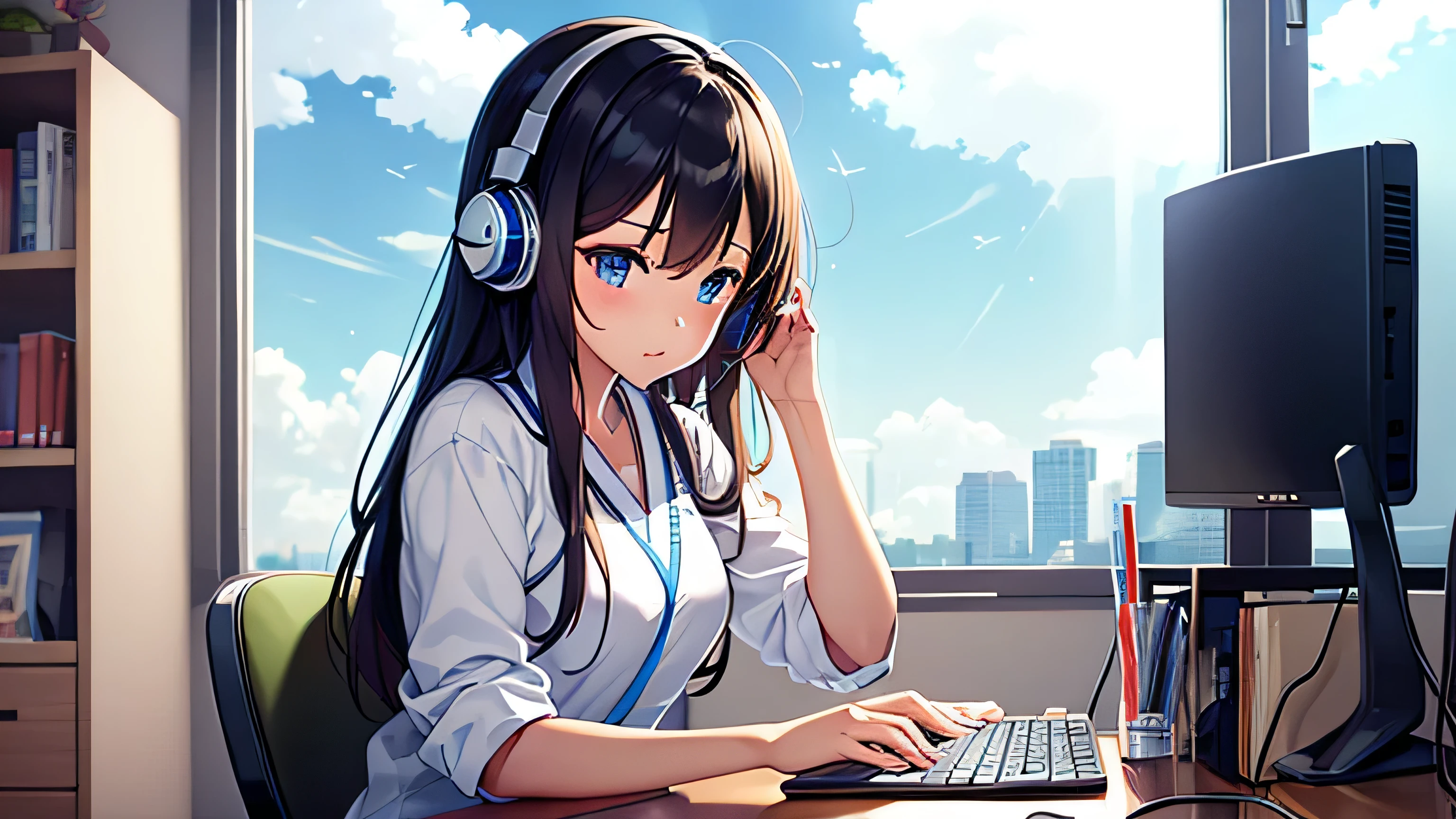 Anime girl with headphones on sitting at a desk with a computer - SeaArt AI