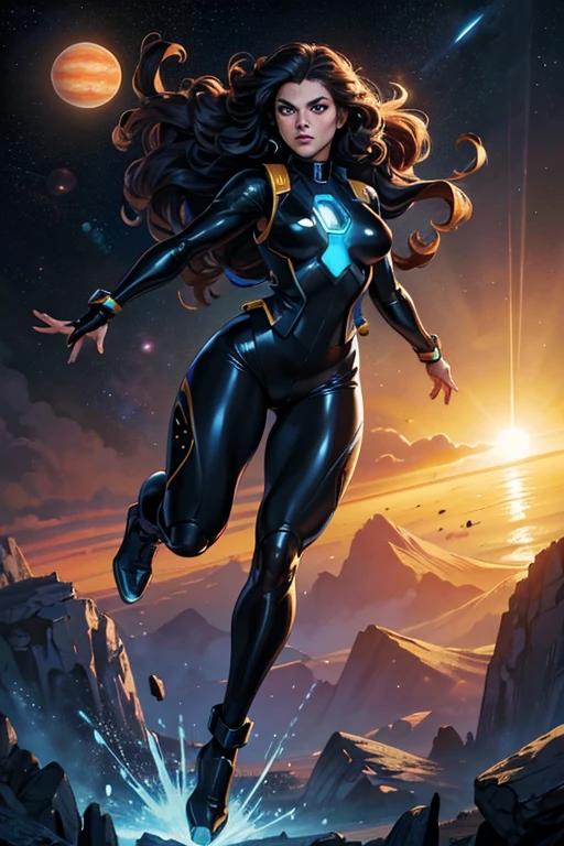 best quality, masterpiece, woman space super hero, full body, angry, hi-tech vest over black latex suit, long curly hair, floating in deep space, with several planets and suns in the background
