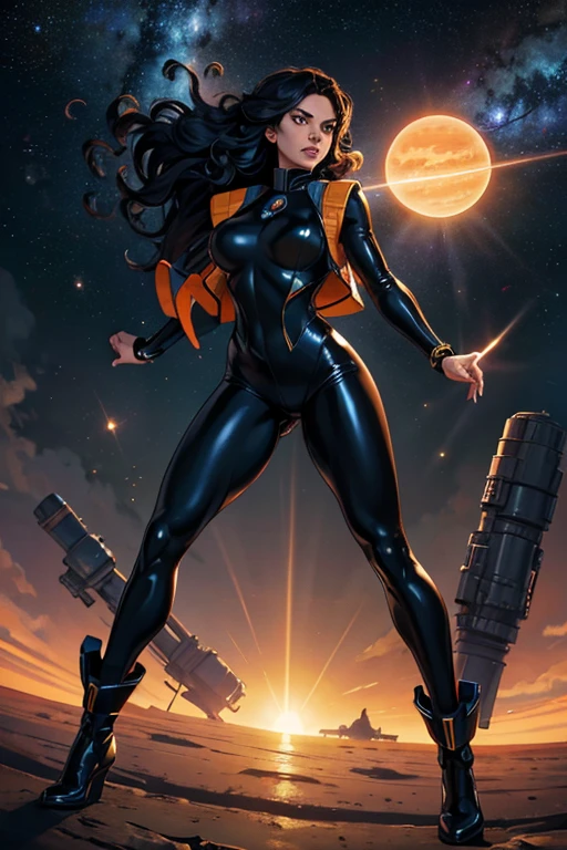 최고의 품질, 걸작, 여자 우주 슈퍼 영웅, 전신, 화난, 검은 색 라텍스 슈트 위에 하이테크 조끼, 긴 곱슬머리, 깊은 우주에 떠 있는, 여러 행성과 태양을 배경으로