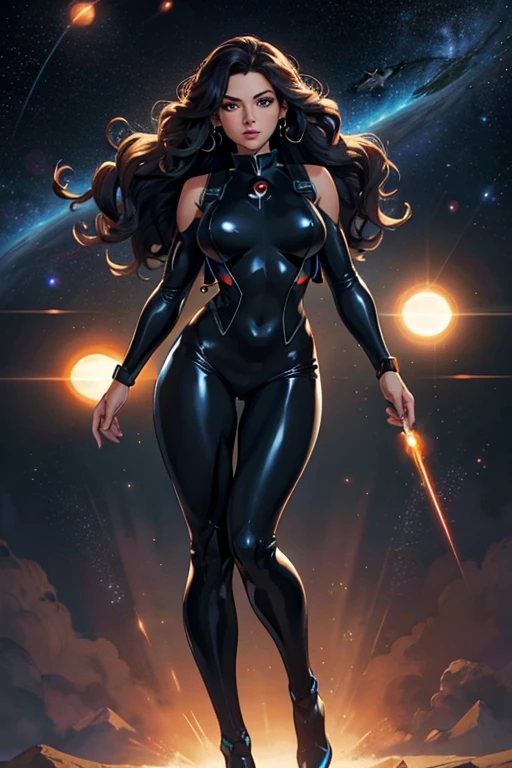 mejor calidad, Obra maestra, Mujer superhéroe espacial, cuerpo completo,chaleco de alta tecnología sobre traje de látex negro, pelo largo y rizado, flotando en el espacio profundo, con varios planetas y soles al fondo