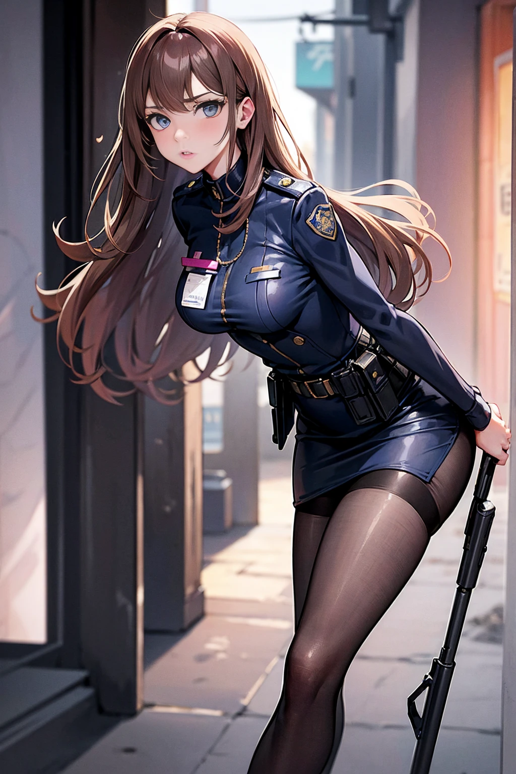 brown hair、Waist-length hair、blue eyes、beautiful eyes，Delicate Eyes，Droopy eyes，pink lips，25-year-old adult female，solo / 1girl，Female police officer，black police uniform，miniskirt police，pantyhose，black high heels，Patrolling the back alleys，hold a handgun，open your legs wide