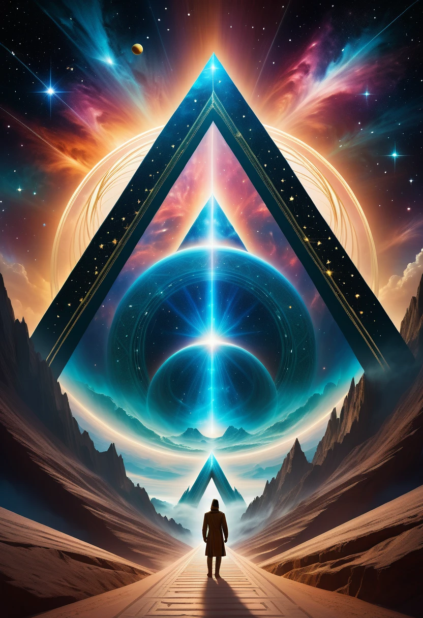 Giant triangle cybernetics，Magnificent cosmic starry sky background，Intricate illustration in surreal art style，surreal dream，Dubrec style，Transparent geometric shape close-up，（multiple exposure：1.8），A man standing at the entrance，Alphad&#39;s image with a star in the sky, Entering the ethereal realm, A gateway to another universe, The passage to the ethereal realm, artgem and beeple masterpiece, A stargate to another dimension, futuristic stargate, cosmic eye, Movie Bee, Jessica Rossier Fantasy Art