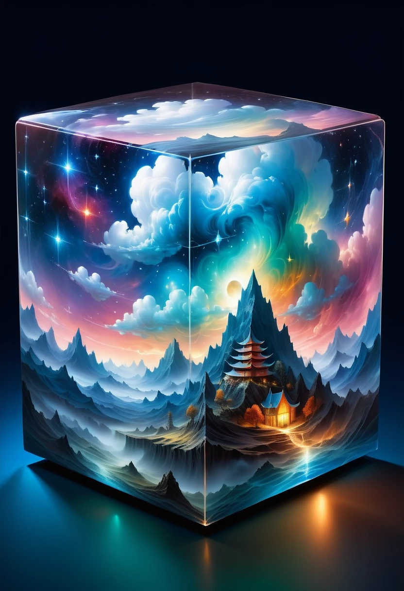 Bosch style, Translucent cube captures eerie clouds, the Starscape warps, Time warp, Surrealism prevails, Star, luminescent, Glittering