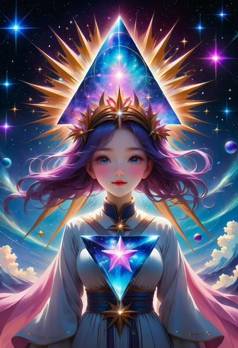 Giant triangle cybernetics，Magnificent cosmic starry sky background，超现实主义艺术风格的complex插图，surreal dream，Dubrec style，Transparent g...