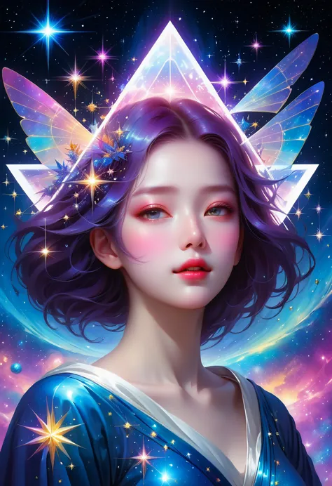 giant triangle cybernetics，magnificent cosmic starry sky background，超现实主义艺术风格的complex插图，surreal dream，dubrec style，transparent g...