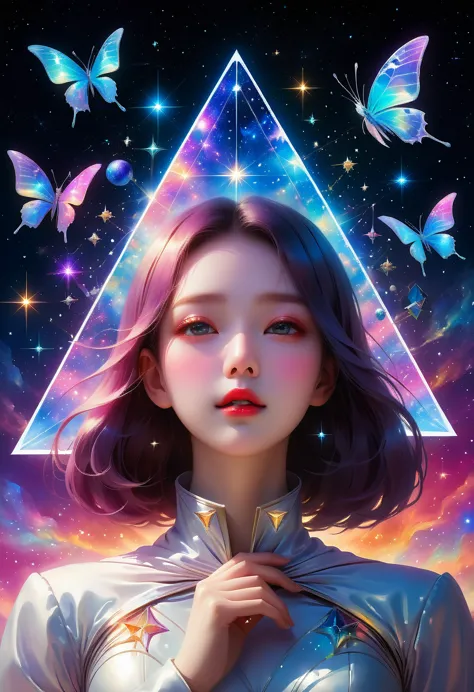 giant triangle cybernetics，magnificent cosmic starry sky background，超现实主义艺术风格的complex插图，surreal dream，dubrec style，transparent g...