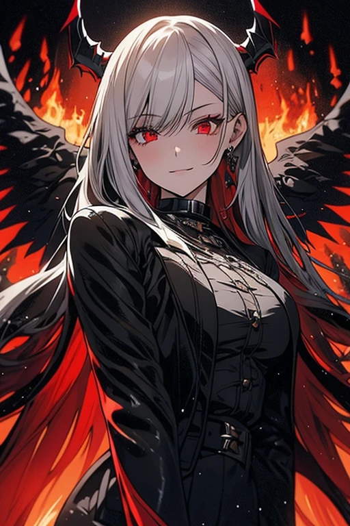 A detailed portrait of a young woman with silver hair, fiery yellow and red eyes, devil horns, and black feathery wings. She wears a black queen's suit and stands confidently in a dangerous, fiery landscape.  Rain pours from the sky, but it is burning red.