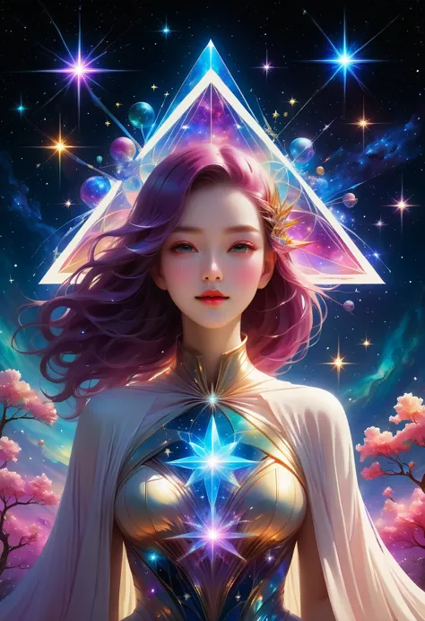 giant triangle cybernetics，magnificent cosmic starry sky background，超现实主义艺术风格的complex插图，surreal dream，dubrec style，transparent g...