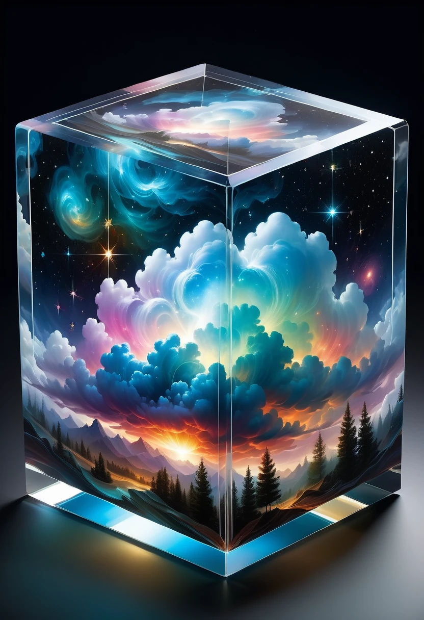 Bosch style, Translucent cube captures eerie clouds, the Starscape warps, Time warp, Surrealism prevails, Star, luminescent, Glittering