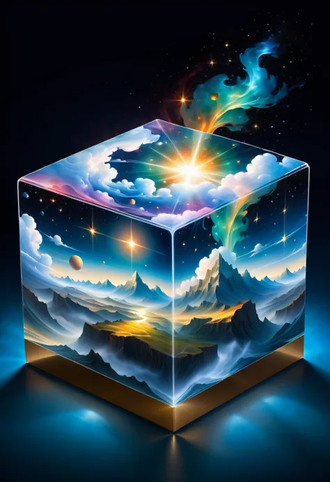 bosch style, translucent cube captures eerie clouds, the starscape warps, time warp, surrealism prevails, star, luminescent, gli...