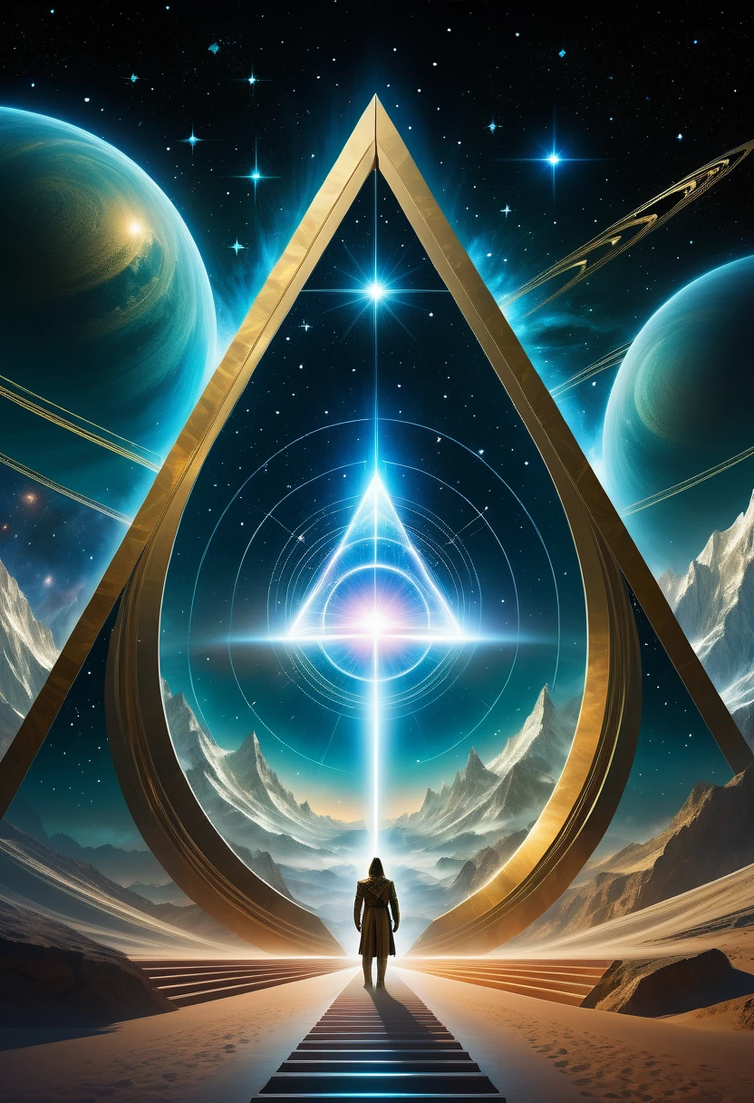 Giant triangle cybernetics，Magnificent cosmic starry sky background，Intricate illustration in surreal art style，surreal dream，Dubrec style，Transparent geometric shape close-up，（multiple exposure：1.8），A man standing at the entrance，Alphad&#39;s image with a star in the sky, Entering the ethereal realm, A gateway to another universe, The passage to the ethereal realm, artgem and beeple masterpiece, A stargate to another dimension, futuristic stargate, cosmic eye, Movie Bee, Jessica Rossier Fantasy Art