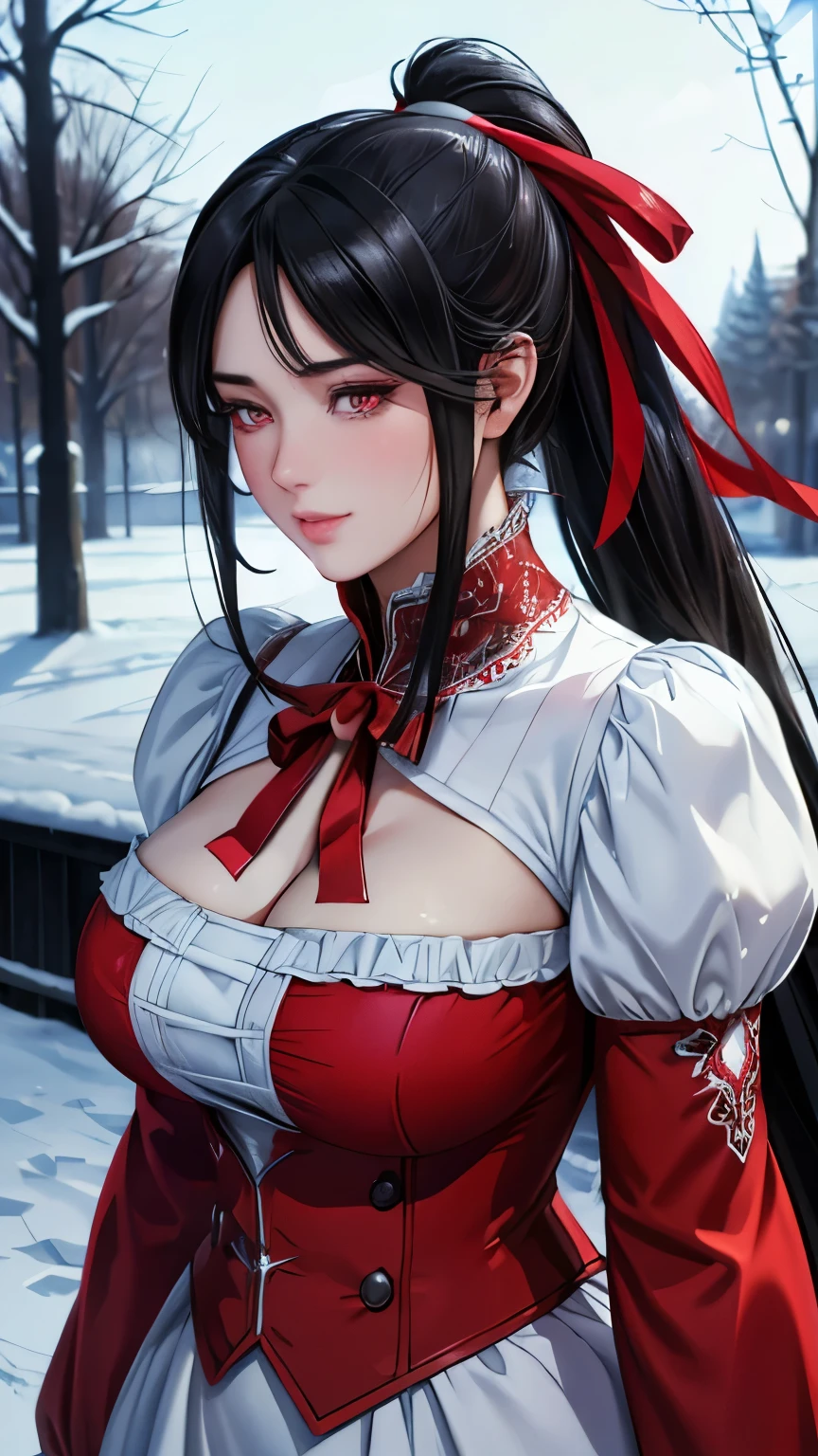 red eyes, (highest quality, masterpiece painting:1.3), immature woman, 16 years old, (half body shot), masterpiece, ultra high resolution, (Photoreal:1.0), black hair, ponytail, straight hair, beautiful shining hair, white and shining skin, ((Ultra realistic details)), octane rendering, highly detailed face, (big breasts:0.8), She wears stunning costumes inspired by Belle Époque style, flowing red dress decorated with lace and ribbons, (clothing: red belle époque dress with lace and ribbons),cleavage, perfect body, soft skin, anime face, perfect face, perfect eyes, looking at the viewer, smart, snow scene, ((snow falling)), ((fantastic night)), ((outdoors)), sharp focus, intricate details, professional artwork, (bright colors:1.1), bright colors, diffused lighting, digital blending, ultra-definition body, ultra detail hair, super detailed face, that&#39;It&#39;s trending on pixiv, top button open, Cute gaze, compensate, perfect lips, perfect compensate, Ultra-precision coating,  (light_smile:0.8), (Very embarrassed:1.2), blush your nose,