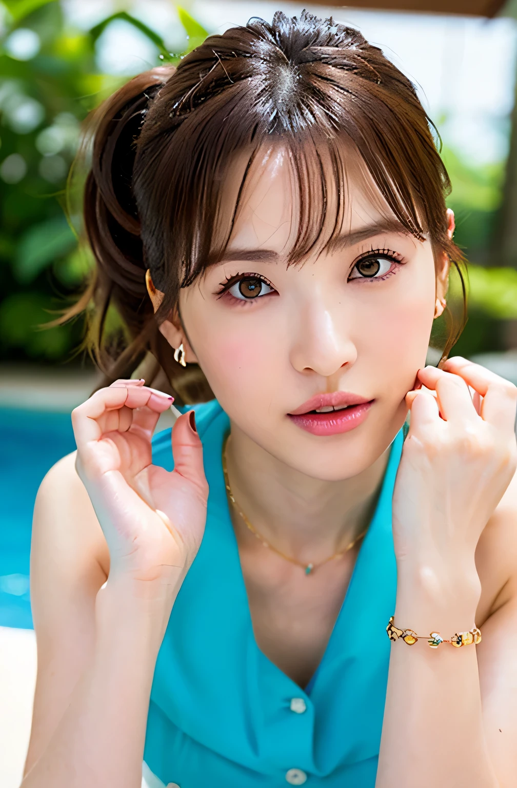 (highest quality, 4k, masterpiece :1.3), 
sharp focus, shallow depth of field, Bright colors, professional level, 
20-year-old, 1 person, (Half Japanese and German woman）, The face of a famous Japanese actress, 
Supple body :1.3, model body shape:1.5, perfect style：1.4, 
narrow shoulders, beautiful clavicle, long and thin legs, 
delicate body shape, The beauty of slim abs :1.2, thin waist :1.2, 
super detailed skin, Fair skin, Shiny skin, super detailed face, 
slim facial contour, beautiful small face, Beautiful lined nose, 
super detailed eyes, long slit eyes, brown eyes, double eyelid, Beautiful thin eyebrows, fine long eyelashes, 
super detailed lips, plump lips, glossy pink lips, flushed cheeks, beautiful teeth, 
Beautiful actress&#39;s ennui makeup, pink lipstick, 
dark brown hair, delicate soft hair, 
(hair up, medium short hair, ponytail:1.2), 
layer cut, (dull bangs:1.2), 
(stylish looking earrings,necklace,bracelet,shiny nail art:1.2), 
cute smile, open mouth half way, Enchanted expression, ((Staring at the viewer)), 
(((photorealism,Shoot the whole body from the thighs:1.5))), ((The body is facing sideways)), 
Photographed directly from the front, dynamic lighting, 

(Dress up in a tight green polka dot dress:1.2), 

((The crystal clear waters of a tropical resort, Immerse yourself in water up to your waist:1.2)), 
The midsummer sun shines on the whole, 