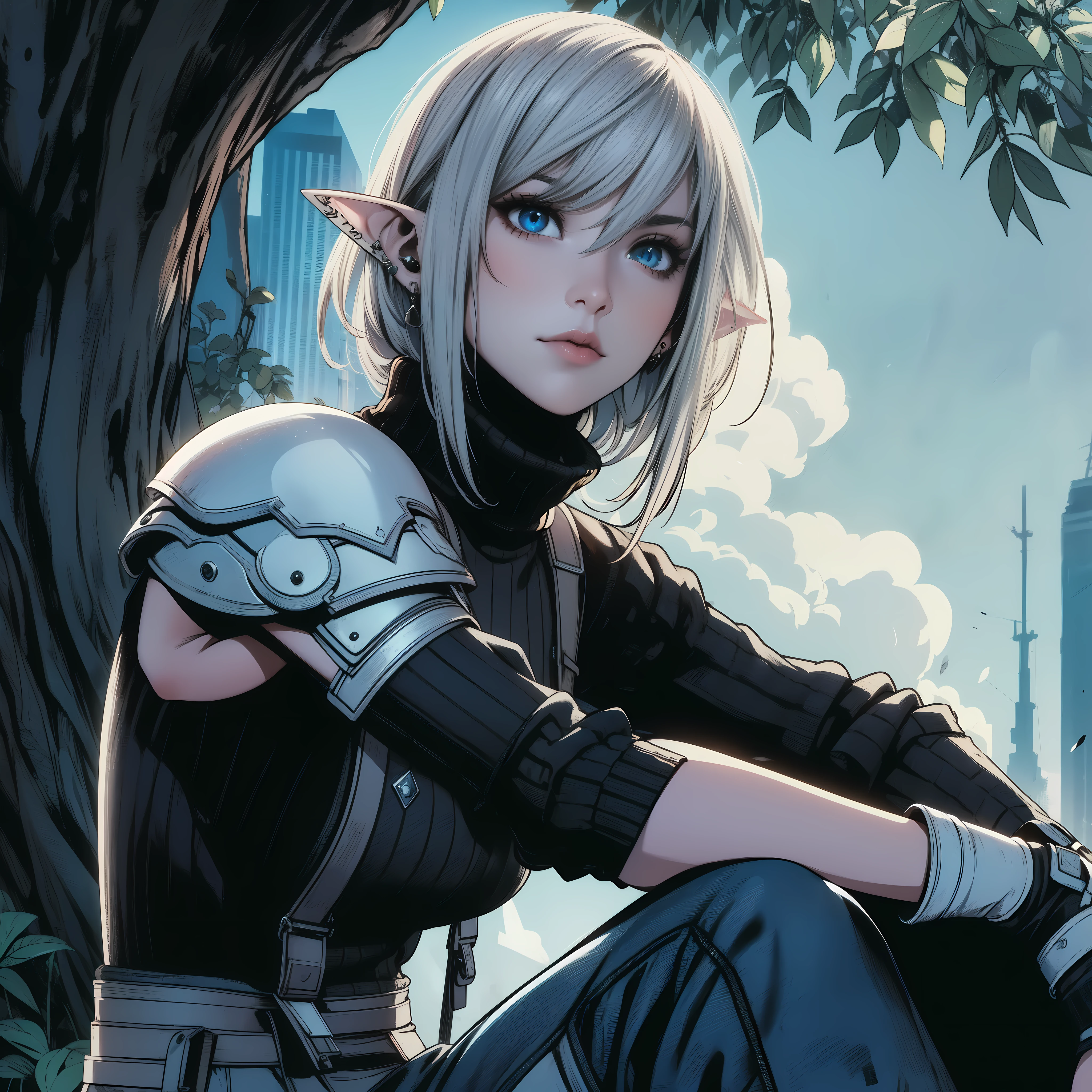 A female elf sitting under a tree in the pop art style of LISA FUJISE. BREAK, diagonal bangs, silver hair, bowl cut, blue eyes, (ear piercing), black turtleneck sweater, Wearing white armor plate on right shoulder, cargo pants, serious, character design by TETSUYA NOMURA, style by Final Fantasy VII. BREAK, Dynamic angle, master pieces, cinematic lighting, background in midgard city. 