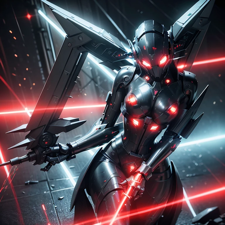 mechanical girl,　Shiny metallic skin,　Mechanical and metal body parts,A round metallic cyber cross helmet with mechanical ears.,Very large saggy chest armor，red glowing eyes, A devilish metal body，Black crow-like metal wings grow from the waist.，Red and black metal body，[methodical, surgical precision],　Cyberpunk style background,science fiction art style,bright colors,High resolution,Super detailed,realistic lighting effects,Bokeh，In combat,best shot