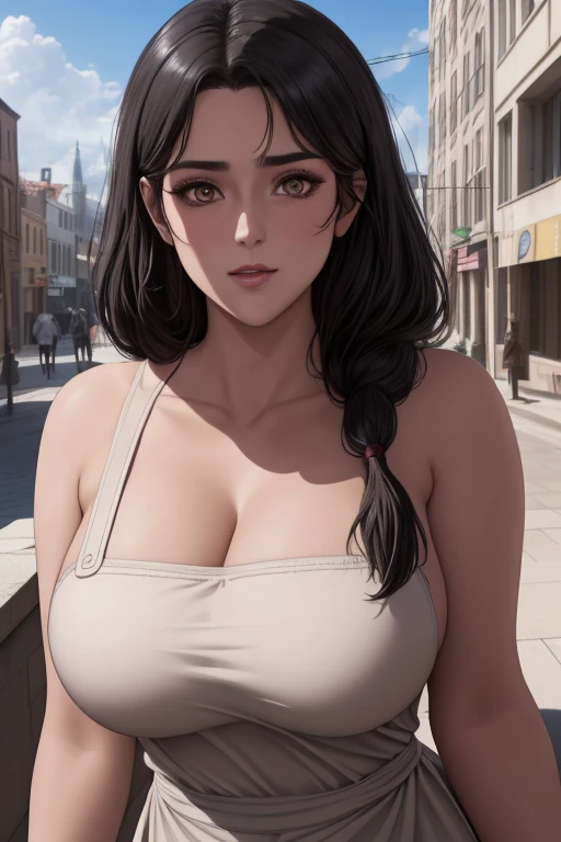 (day:1.7), a city with a lot of buildings and a sky background with clouds in the background and a blue sky, architecture,
Standing at attention, at the roof,
deep cleavage, collarbone, White apron,bare shoulders, 
black Hair,  brown eyes, Bangs, single braid, 
1 girl, 20yo,Young female,Beautiful Finger,Beautiful long legs,Beautiful body,Beautiful Nose,Beautiful character design, perfect eyes, perfect face,expressive eyes,
looking at viewer, in the center of the image,(Upper_body),(close-Up),(Focus on her face),
official art,extremely detailed CG unity 8k wallpaper, perfect lighting,Colorful, Bright_Front_face_Lighting,shiny skin, 
(masterpiece:1.0),(best_quality:1.0), ultra high res,4K,ultra-detailed,
photography, 8K, HDR, highres, absurdres:1.2, Kodak portra 400, film grain, blurry background, bokeh:1.2, lens flare, (vibrant_color:1.2)
(Beautiful,large_Breasts:1.4), (beautiful_face:1.5),(narrow_waist),