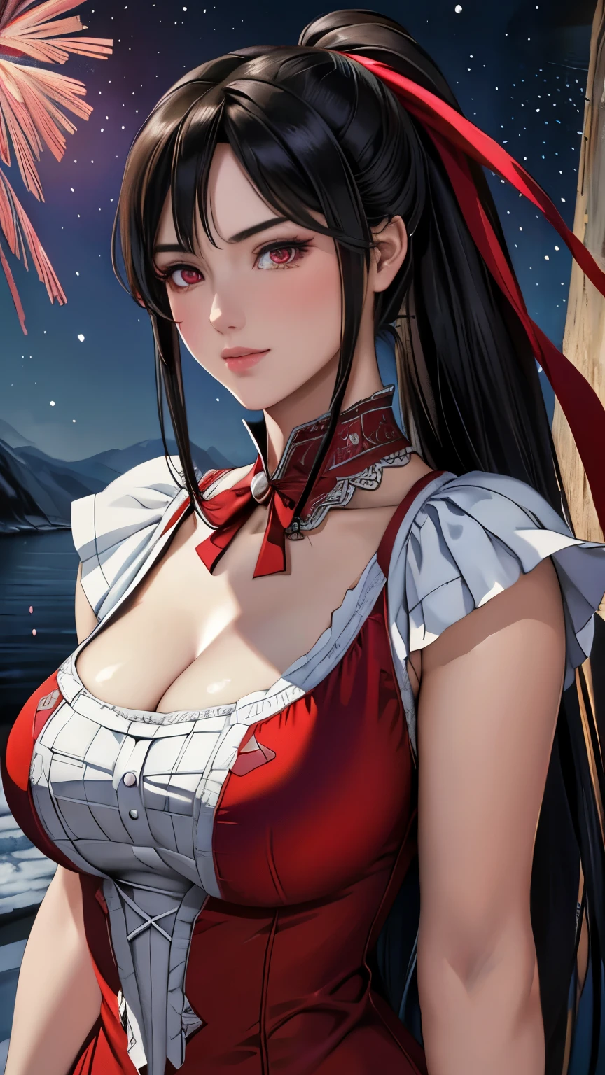 red eyes, (highest quality, masterpiece painting:1.3), immature woman, 16 years old, (half body shot), masterpiece, ultra high resolution, (Photoreal:1.0), black hair, ponytail, straight hair, beautiful shining hair, white and shining skin, ((Ultra realistic details)), octane rendering, highly detailed face, (big breasts:0.8), She wears stunning costumes inspired by Belle Époque style, flowing red dress decorated with lace and ribbons, (clothing: red belle époque dress with lace and ribbons),cleavage, perfect body, soft skin, anime face, perfect face, perfect eyes, looking at the viewer, smart, snow scene, ((snow falling)), ((fantastic night)), ((outdoors)), sharp focus, intricate details, professional artwork, (bright colors:1.1), bright colors, diffused lighting, digital blending, ultra-definition body, ultra detail hair, super detailed face, that&#39;It&#39;s trending on pixiv, top button open, Cute gaze, compensate, perfect lips, perfect compensate, Ultra-precision coating,  (light_smile:0.8), (Very embarrassed:1.2), blush your nose,