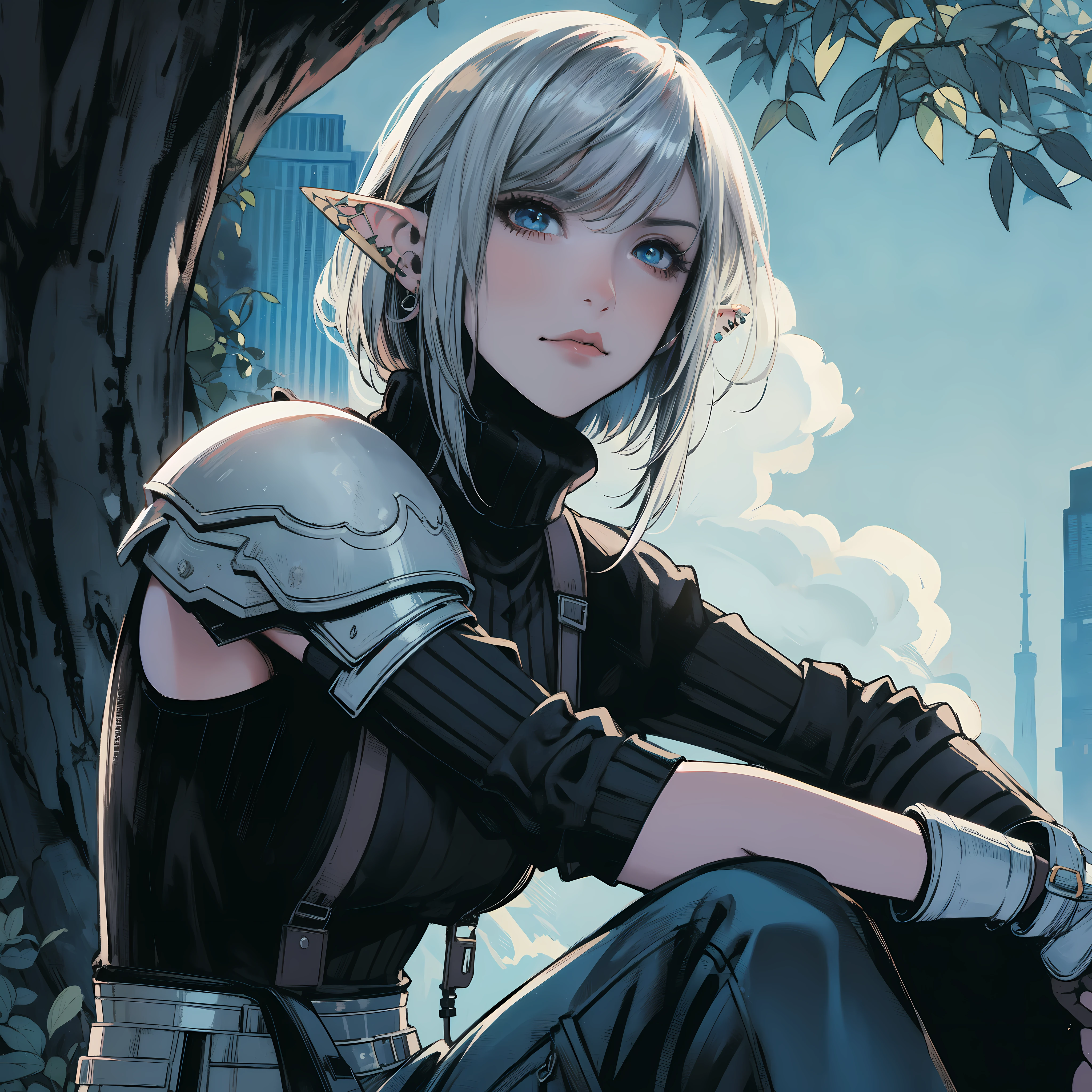 A female elf sitting under a tree in the pop art style of LISA FUJISE. BREAK, diagonal bangs, silver hair, bowl cut, blue eyes, (ear piercing), black turtleneck sweater, Wearing white armor plate on right shoulder, cargo pants, serious, character design by TETSUYA NOMURA, style by Final Fantasy VII. BREAK, Dynamic angle, master pieces, cinematic lighting, background in midgard city. 