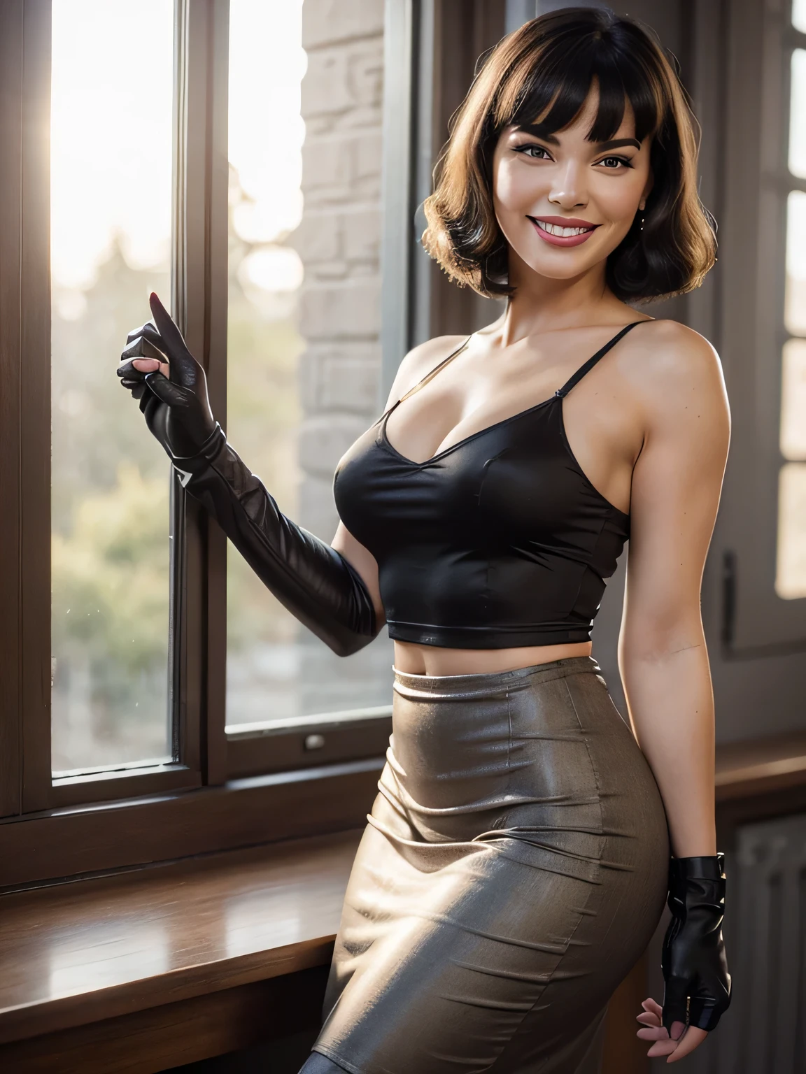 masterpiece, best quality, extremely detailed, hyperrealistic, photorealistic, a beautiful 20s smiling Bettie Page, post office, in the sunset, touching foreheads, darkgray  t-shirt:1.2, black cloth 5 fingers gloves, maxy silk brown pencil skirt with a side slit, ultra detailed face, super short hair, blonde hair, pale skin, laughing