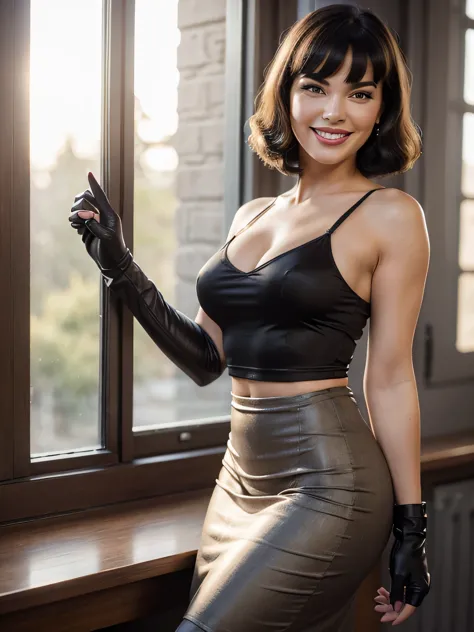 masterpiece, best quality, extremely detailed, hyperrealistic, photorealistic, a beautiful 20s smiling Bettie Page, post office, in the sunset, touching foreheads, darkgray  t-shirt:1.2, black cloth 5 fingers gloves, maxy silk brown pencil skirt with a sid...