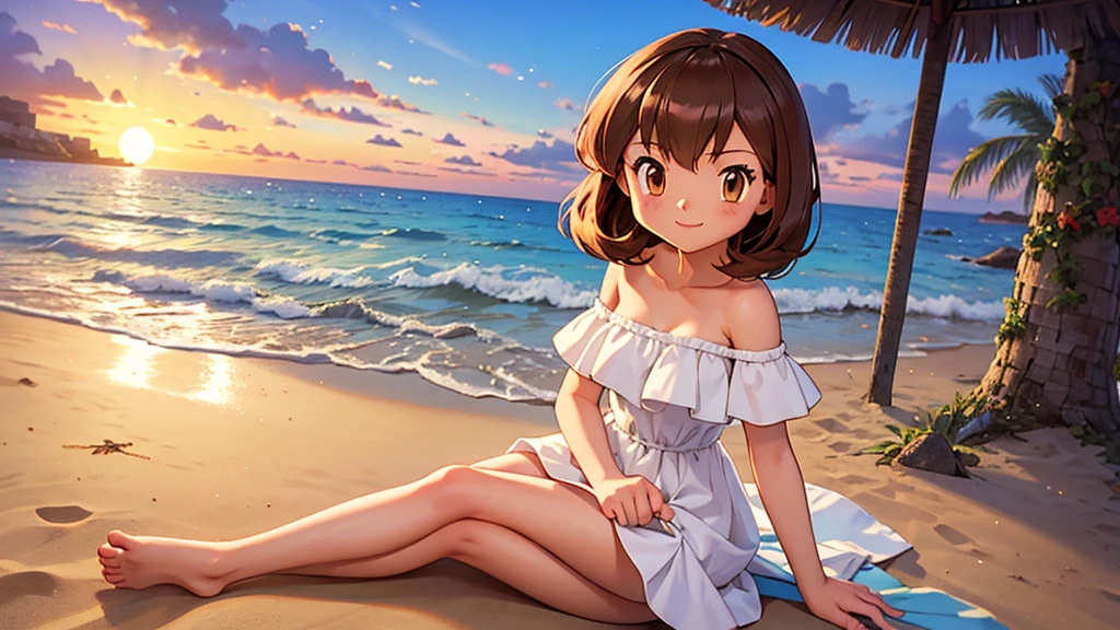 masterpiece, best quality, ultra-detailed, illustration, beautiful detailed eyes, very detailed illustration, cinematic lighting, 1 girl, solo, Pokemon Heroes (Bianca), Brown Hair, short hair, brown eyes, 1 girl, solo, bare shoulders, strapless, off shoulders, ruffle off the shoulder top, white maxi dress, intricate details, sharp focus, high resolution, beachside，evening light，early evening，sun down, sitting down on the beach, barefoot, her arms on the sand, cowboy shot, light smile, blue sunset skies, looking at viewers, dynamic angle,